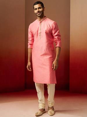 pink jacquard kurta with cream churidar set - traditional festive wear 3