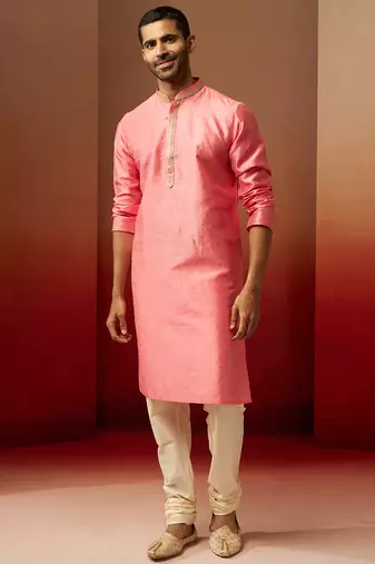 pink jacquard kurta with cream churidar set - traditional festive wear