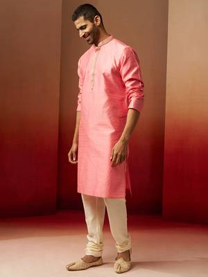 pink jacquard kurta with cream churidar set - traditional festive wear 4