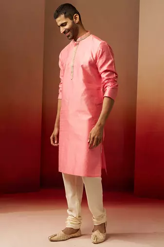 pink jacquard kurta with cream churidar set - traditional festive wear