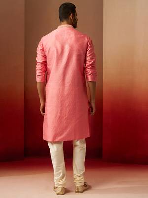 pink jacquard kurta with cream churidar set - traditional festive wear 5