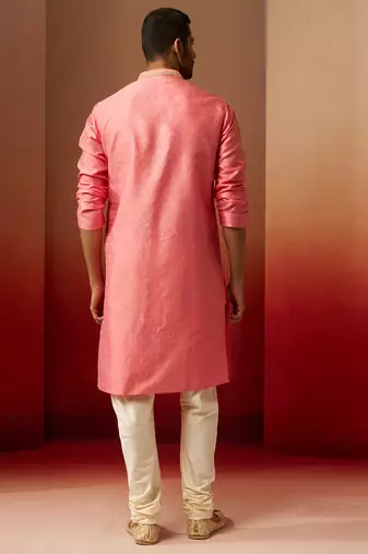 pink jacquard kurta with cream churidar set - traditional festive wear