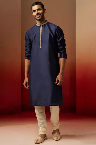navy blue jacquard kurta with cream churidar set - royal ethnic wear