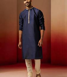 navy blue jacquard kurta with cream churidar set - royal ethnic wear