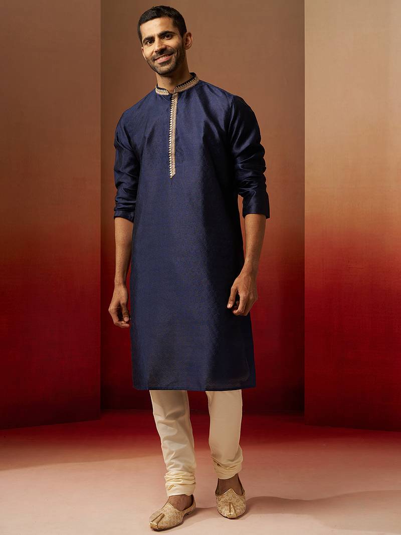 navy blue jacquard kurta with cream churidar set - royal ethnic wear