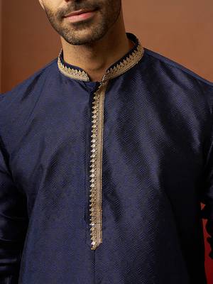 navy blue jacquard kurta with cream churidar set - royal ethnic wear 2