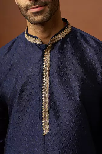 navy blue jacquard kurta with cream churidar set - royal ethnic wear