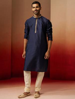 navy blue jacquard kurta with cream churidar set - royal ethnic wear 3