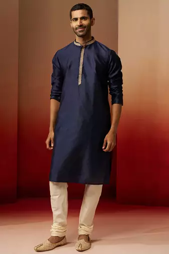 navy blue jacquard kurta with cream churidar set - royal ethnic wear