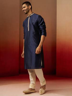 navy blue jacquard kurta with cream churidar set - royal ethnic wear 4