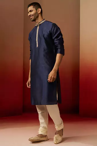 navy blue jacquard kurta with cream churidar set - royal ethnic wear