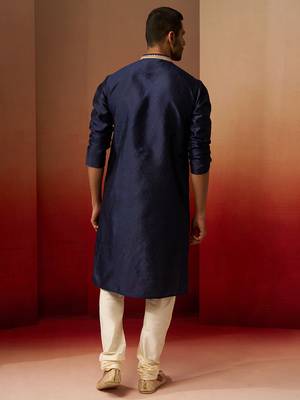 navy blue jacquard kurta with cream churidar set - royal ethnic wear 5