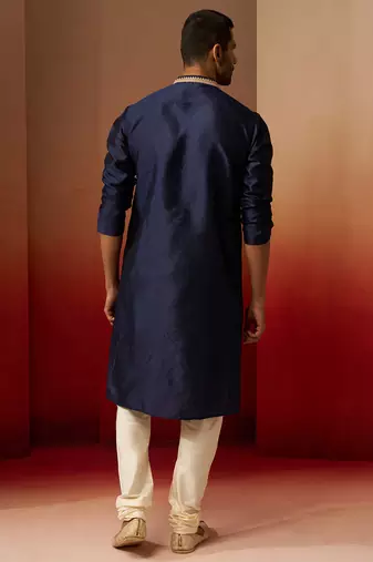 navy blue jacquard kurta with cream churidar set - royal ethnic wear