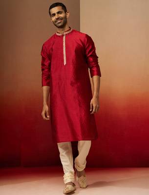 maroon jacquard kurta with cream churidar set - premium ethnic wear 1