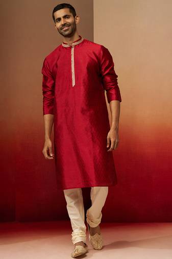 maroon jacquard kurta with cream churidar set - premium ethnic wear