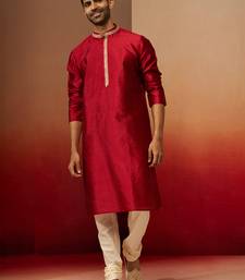 maroon jacquard kurta with cream churidar set - premium ethnic wear