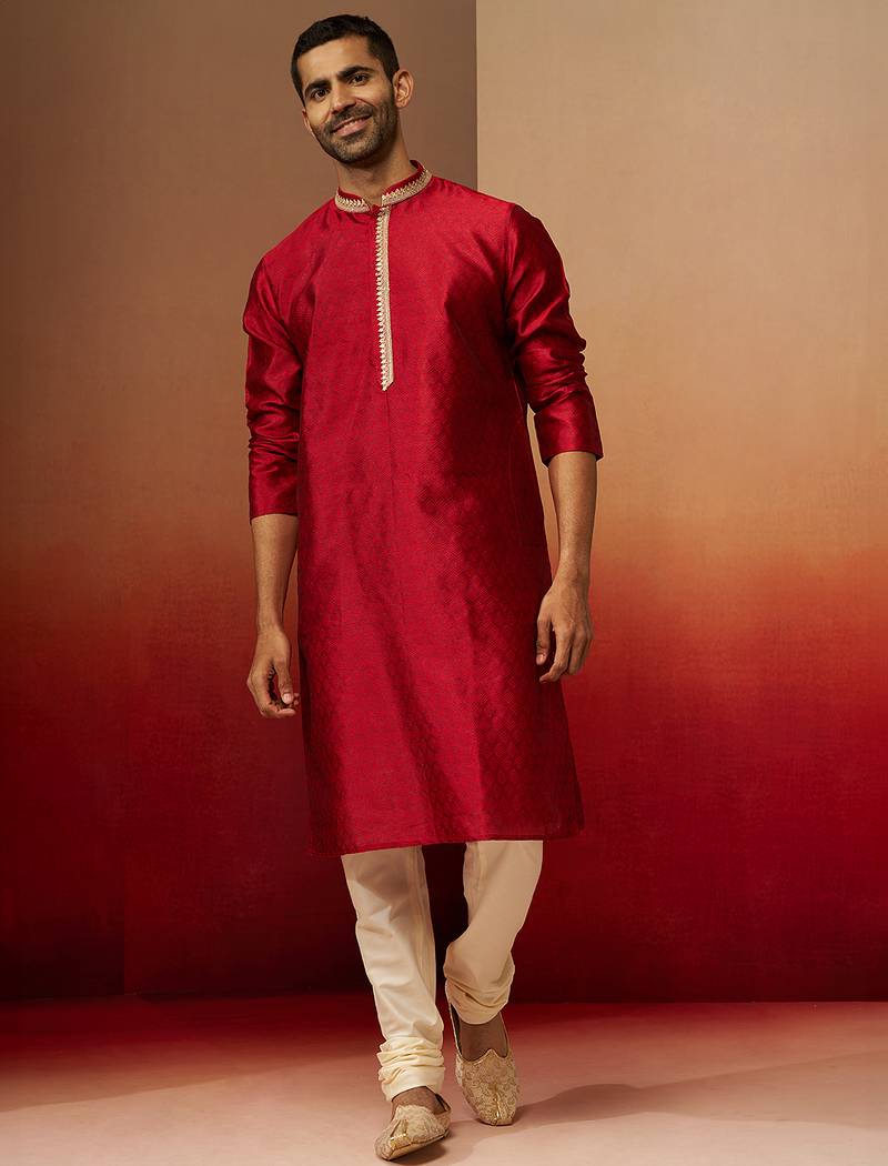 maroon jacquard kurta with cream churidar set - premium ethnic wear