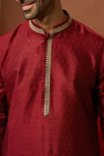 maroon jacquard kurta with cream churidar set - premium ethnic wear