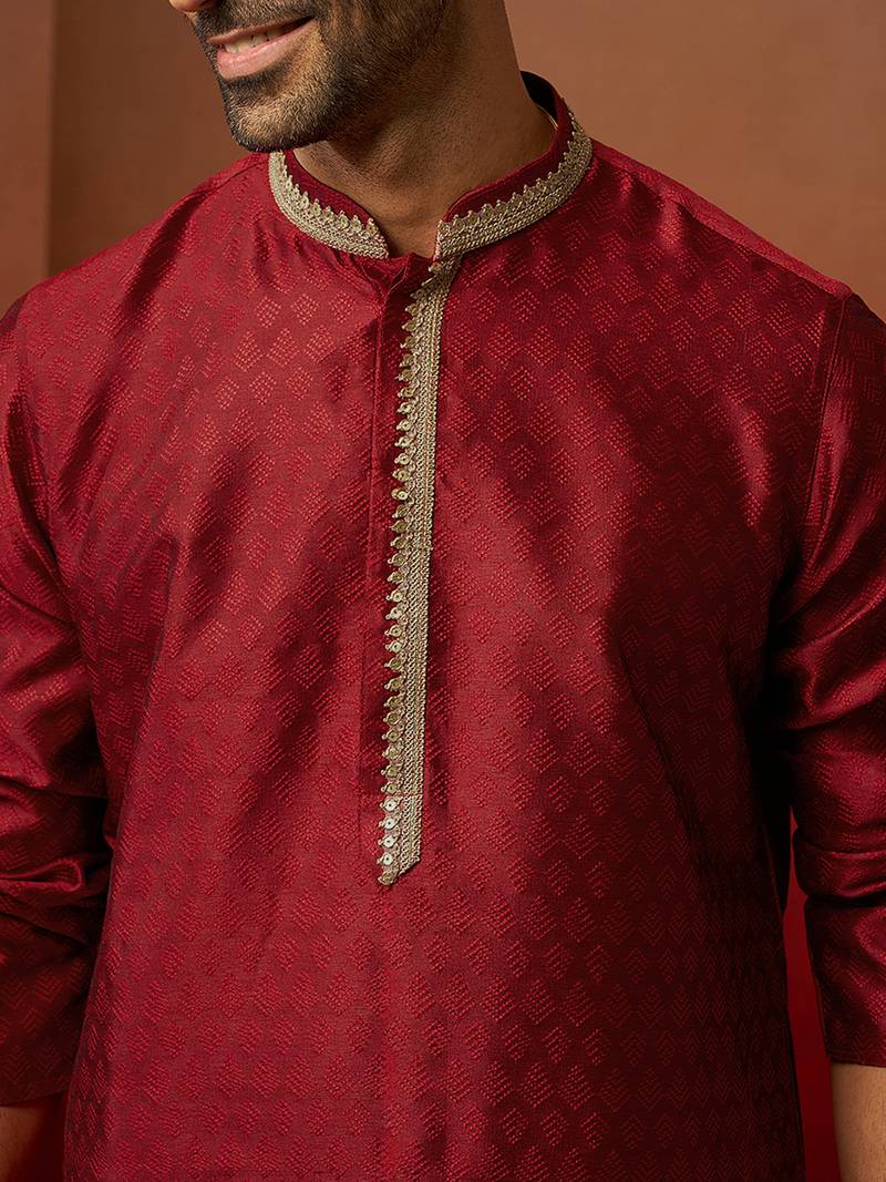maroon jacquard kurta with cream churidar set - premium ethnic wear