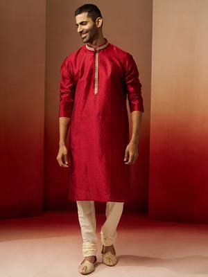 maroon jacquard kurta with cream churidar set - premium ethnic wear 3
