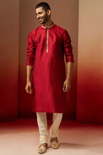 maroon jacquard kurta with cream churidar set - premium ethnic wear