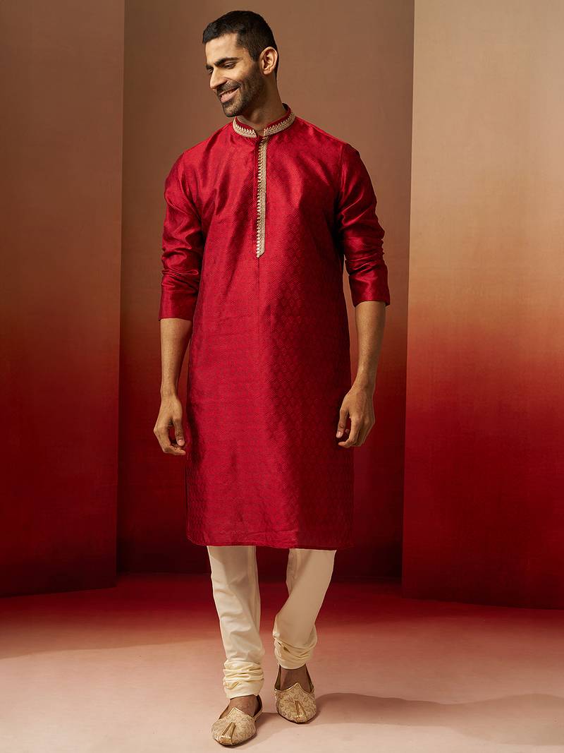maroon jacquard kurta with cream churidar set - premium ethnic wear