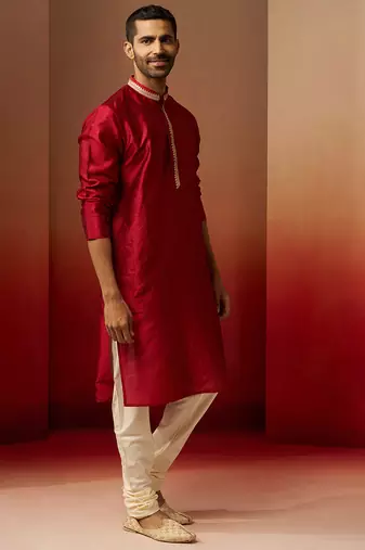 maroon jacquard kurta with cream churidar set - premium ethnic wear