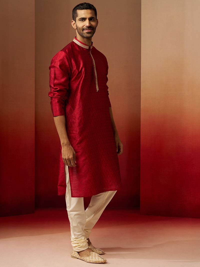 maroon jacquard kurta with cream churidar set - premium ethnic wear