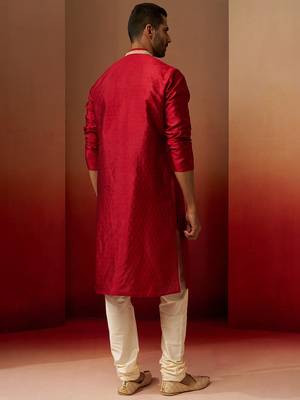 maroon jacquard kurta with cream churidar set - premium ethnic wear 5