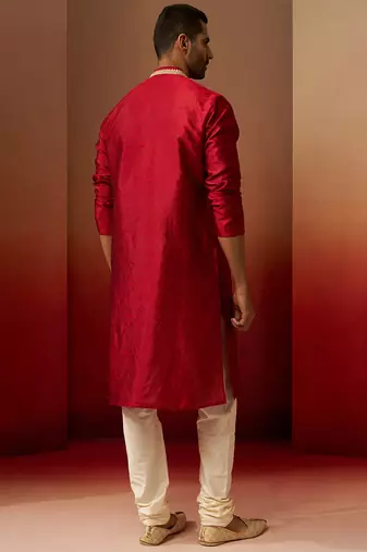 maroon jacquard kurta with cream churidar set - premium ethnic wear