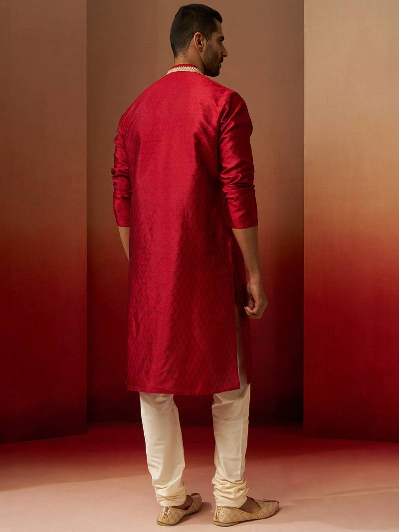 maroon jacquard kurta with cream churidar set - premium ethnic wear