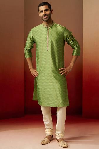green jacquard kurta with cream churidar set - traditional ethnic collection