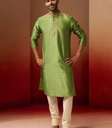 green jacquard kurta with cream churidar set - traditional ethnic collection