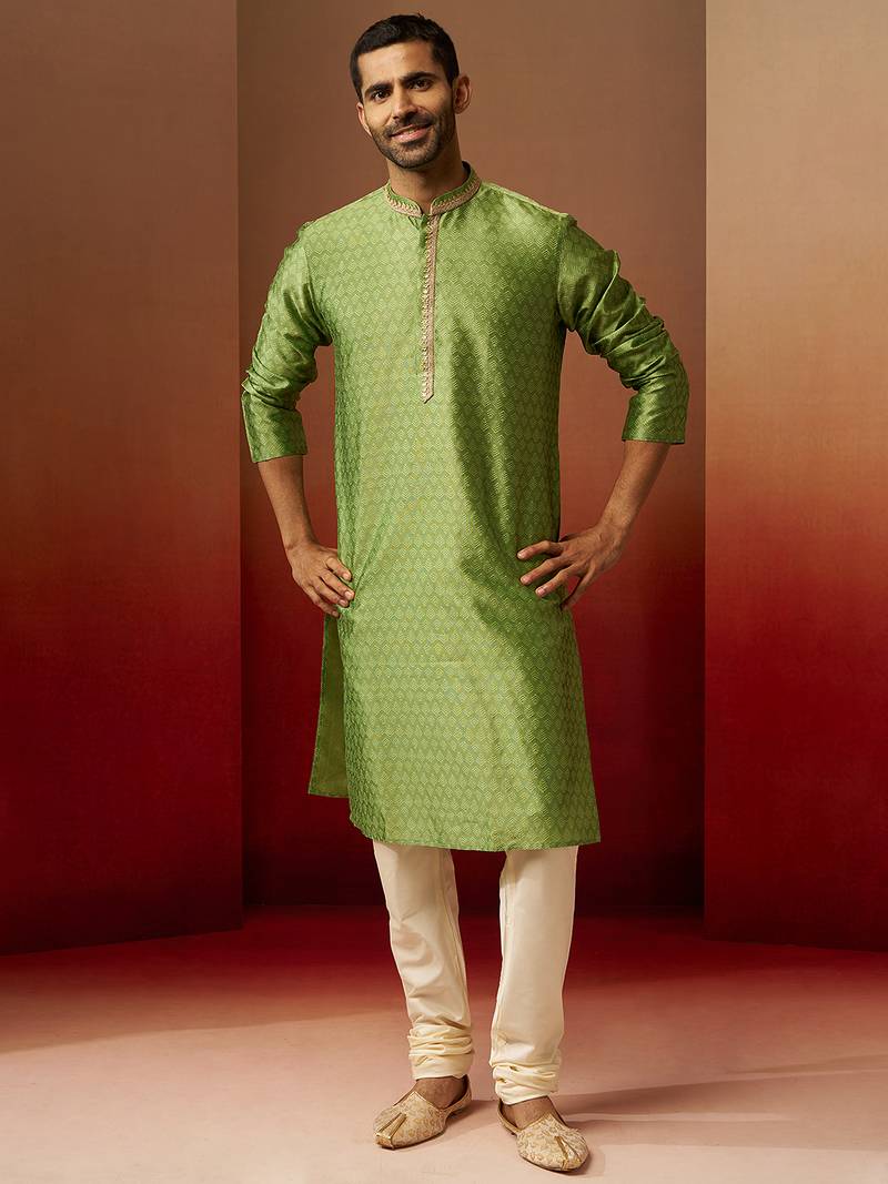 green jacquard kurta with cream churidar set - traditional ethnic collection
