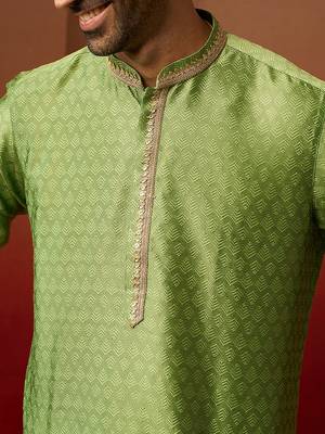 green jacquard kurta with cream churidar set - traditional ethnic collection 2