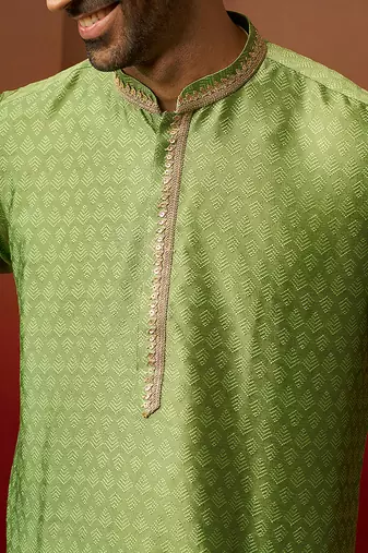 green jacquard kurta with cream churidar set - traditional ethnic collection