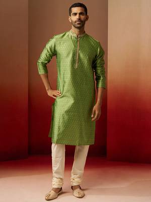 green jacquard kurta with cream churidar set - traditional ethnic collection 3