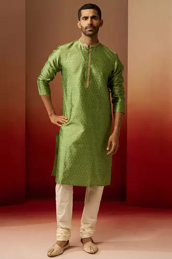green jacquard kurta with cream churidar set - traditional ethnic collection