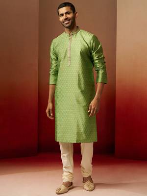 green jacquard kurta with cream churidar set - traditional ethnic collection 4