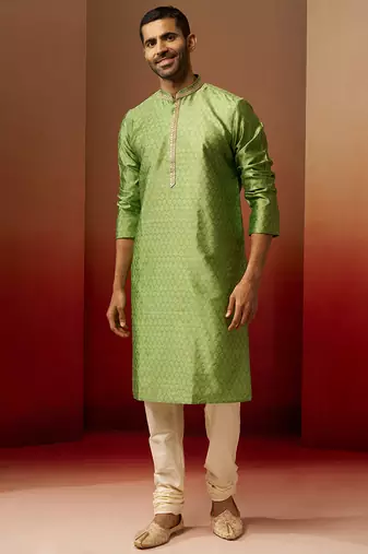 green jacquard kurta with cream churidar set - traditional ethnic collection