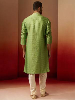 green jacquard kurta with cream churidar set - traditional ethnic collection 5