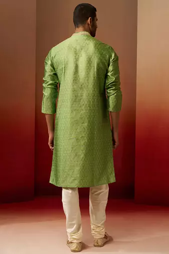 green jacquard kurta with cream churidar set - traditional ethnic collection
