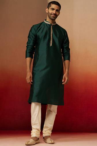 bottle green jacquard kurta with cream churidar set - festive collection