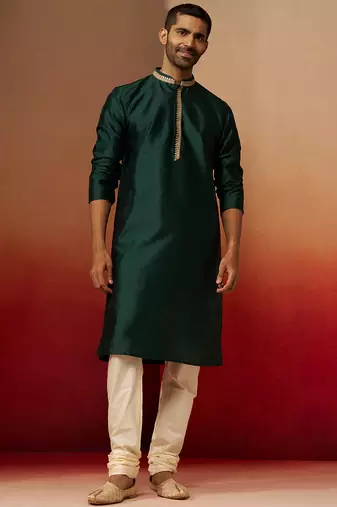 bottle green jacquard kurta with cream churidar set - festive collection