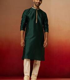 bottle green jacquard kurta with cream churidar set - festive collection