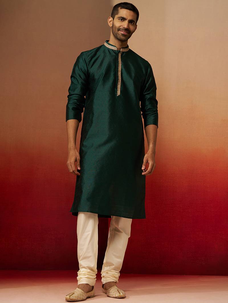 bottle green jacquard kurta with cream churidar set - festive collection