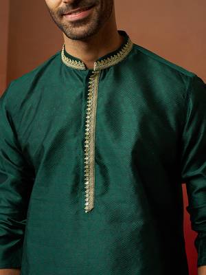 bottle green jacquard kurta with cream churidar set - festive collection 2