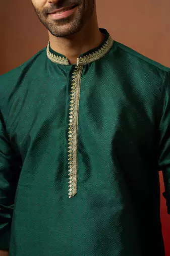 bottle green jacquard kurta with cream churidar set - festive collection