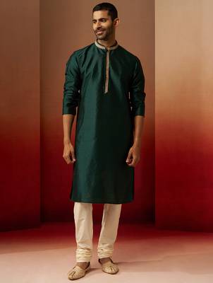 bottle green jacquard kurta with cream churidar set - festive collection 3