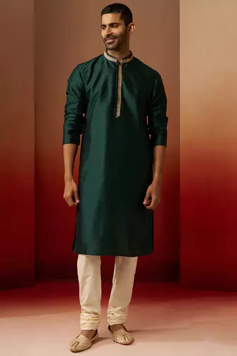 bottle green jacquard kurta with cream churidar set - festive collection